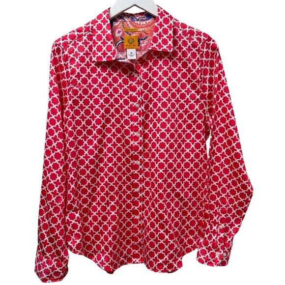 Ruby Rd Womens Shirt Size 10 Red Geo Preppy Print Long Sleeve Button Up - Picture 2 of 10